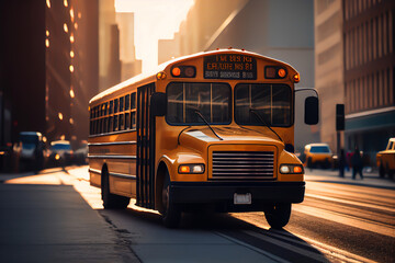 Fototapeta na wymiar School bus in New York on road streen in Manhattan. Student transportation to classroom. Usa school bus in yellow, ai generative illustration