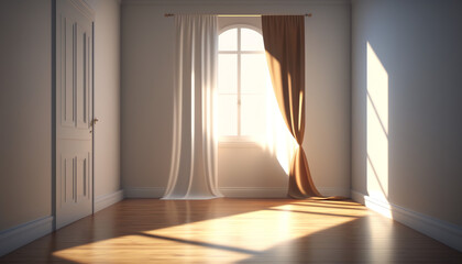 Realistic 3D render of beautiful sunlight and window frame shadow on beige blank wall, white sheer curtains blowing in the wind in an empty room. Shiny new wooden parquet floor. Background, Interior