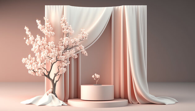 Realistic 3D render blank empty pastel pink podium with cherry blossom flower bouquet and blowing white curtain. Beauty products display, Backdrop, Advertising, Space, Foliage, Shadow, Sunlight