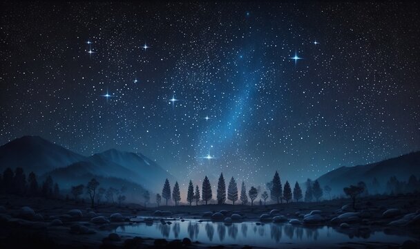 a painting of a night sky with stars above a lake.  generative ai