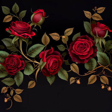 Red rose on black background, floral template - AI generated image