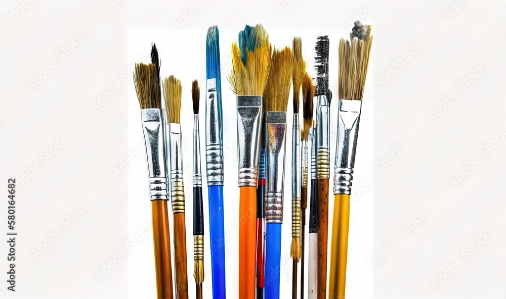 Poster a group of brushes sitting next to each other on a table. generative ai