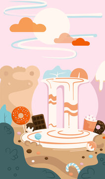 Cute landscape sweets.mountain bear.condensed milk,coast of cookies,ice cream,cupcake,donut.Background,picture,postcard
