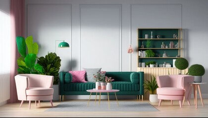 Living room have Green Sofa and pink armchair with plants and shelves near wooden table