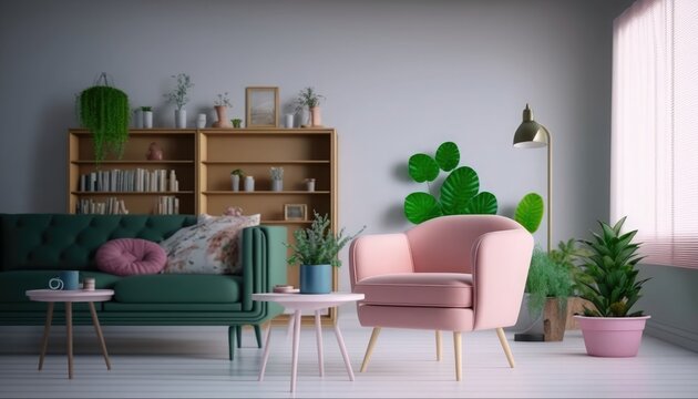 Living room have Green Sofa and pink armchair with plants and shelves near wooden table