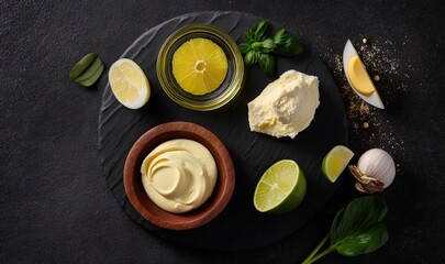  a plate with a bowl of mayonnaise, limes, and garlic.  generative ai