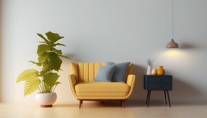 Fototapeta na wymiar Living room with yellow armchair have wooden table, lamps with wall background