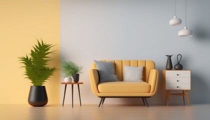 Living room with yellow armchair have wooden table, lamps with wall background