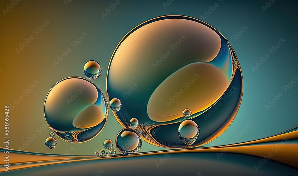 Poster a group of bubbles floating on top of a yellow and blue background. generative ai