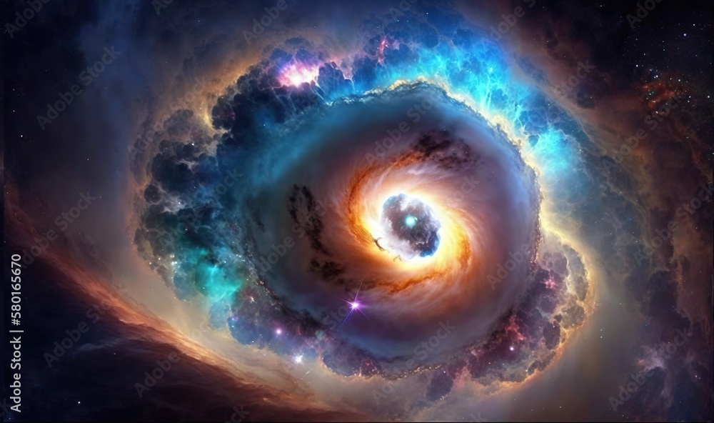 Poster a very large spiral shaped object in the sky with stars around it. generative ai