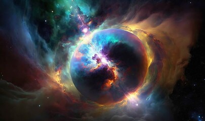  a very colorful space with a very big ball of light.  generative ai