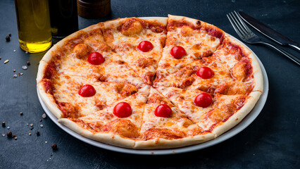 Italian pizza with cheese, cherry tomatoes, and tomato sauce.