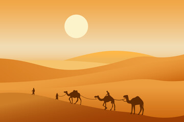 Fototapeta na wymiar Camel caravan passing through the desert. African landscape. You can use for islamic background, banner, poster, website, social and print media. Vector illustration.