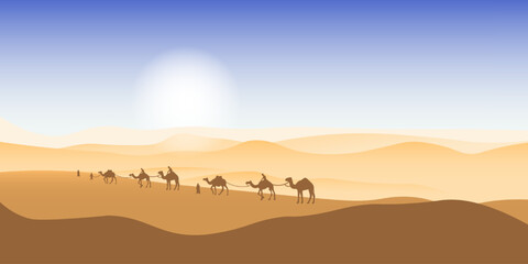 Fototapeta na wymiar Camel caravan passing through the desert. African landscape. You can use for islamic background, banner, poster, website, social and print media. Vector illustration.