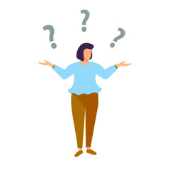 Confused woman makes a choice. Puzzled business woman deciding, doubting, setting priorities. Questioned employee thinking, analyzing two options. Isolated vector illustration.