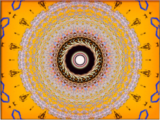 Abstract, Circular Intricate Patterns, with a 3d Centre, set against Peach, within a Border