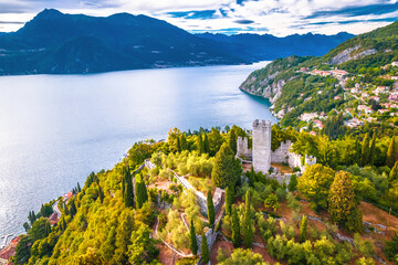 Castello di Vezio tower and Como lake aerial view