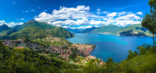 Fototapeta na wymiar Como Lake and town of Menaggio waterfront panoramic view