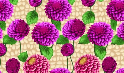  a bunch of purple flowers on a beige background with green leaves.  generative ai