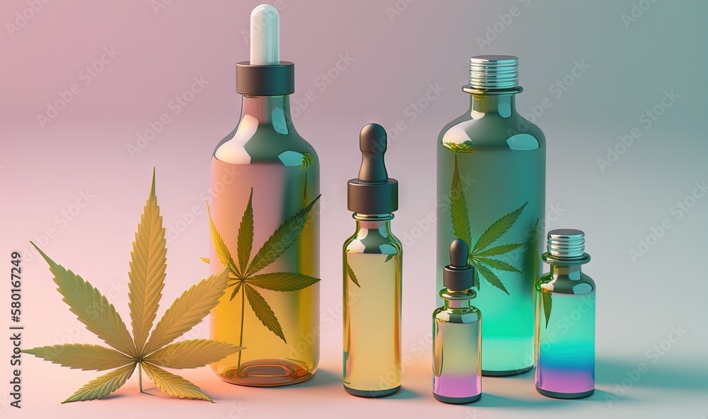 Poster a group of bottles with a marijuana leaf on top of them. generative ai