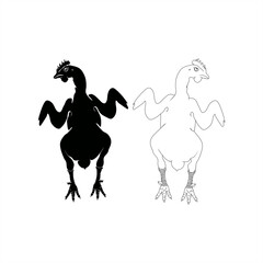  silhouette and line art illustration of a chicken as clip art or logo