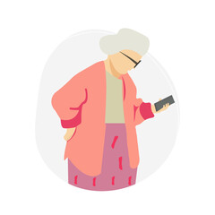 An elderly woman looking at her smartphone. Senior woman making a video call. He is learning to use the phone. Vector illustration