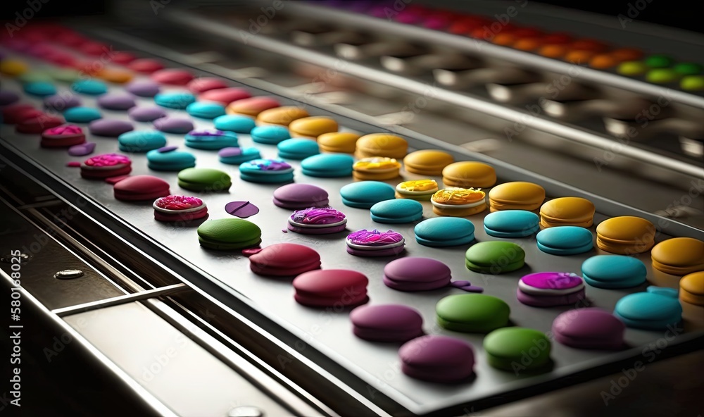 Poster a row of different colored donuts on a conveyor belt. generative ai