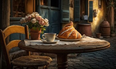  a table with a cup of coffee and a croissant on it.  generative ai