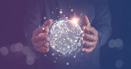 Businessman holding global technology and media digital network connection, Media and Data Connection Concept, Big data analytics and business intelligence, Digital link tech.