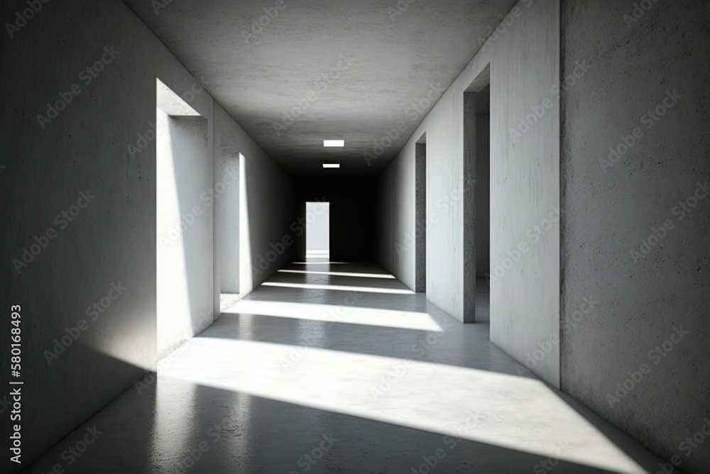 Poster a sun-shaded passageway in an empty, subterranean tunnel with a stage in the background generative a