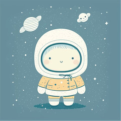 A little boy sleeping on a cloud with a moon and stars.