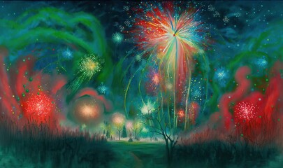 Fototapeta premium a painting of fireworks in the sky above a field of grass. generative ai