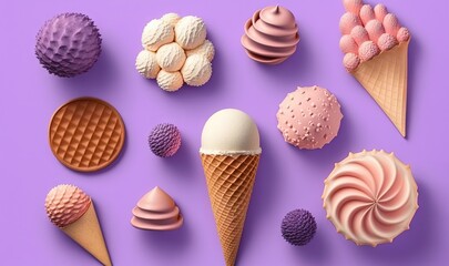  a variety of ice creams and desserts on a purple background.  generative ai