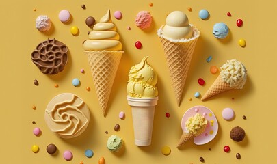  a group of ice cream cones sitting on top of a table.  generative ai