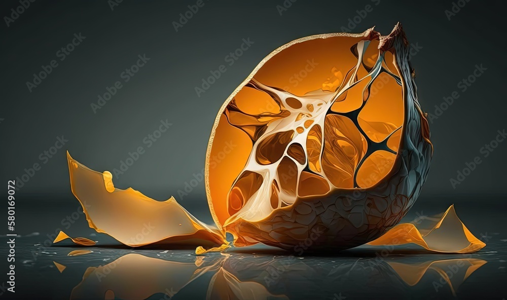 Poster  a broken orange with a skeleton inside of it on a table.  generative ai