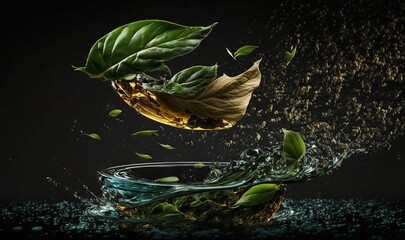  a green leaf is falling into a glass bowl of water.  generative ai