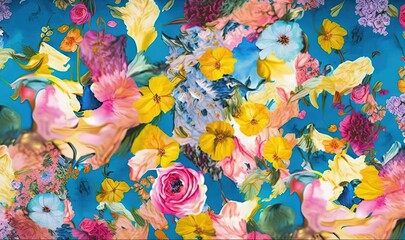  a painting of flowers and birds on a blue background with a blue sky.  generative ai