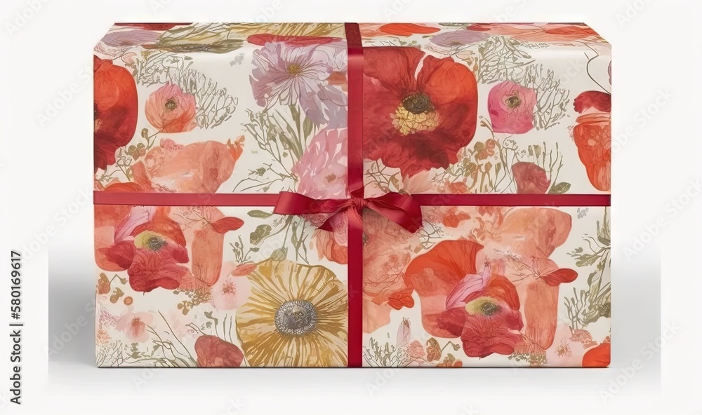 Poster a gift box with a red ribbon and a flower pattern. generative ai