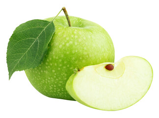Ripe green apple with leaf and slice isolated on transparent background