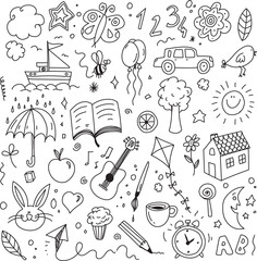 Kids sketches, doodles hand drawn vector drawings