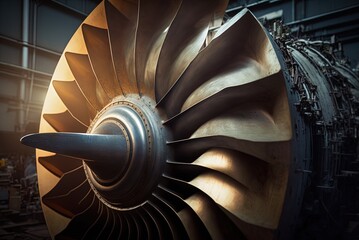 Blades for the plane's turbine engines in the hangar during routine maintenance. Generative AI