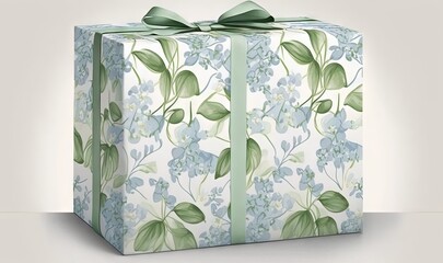  a gift box with a green bow and flowers on it.  generative ai