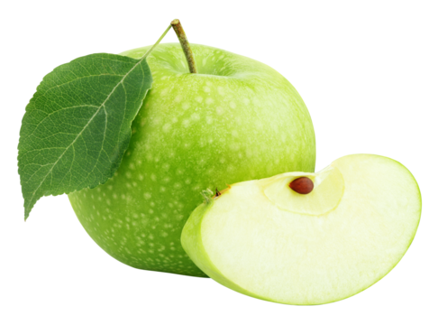 Ripe green apple with leaf and slice isolated on transparent background