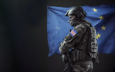 Fototapeta na wymiar Soldier. EU flag. Banner. AI generated