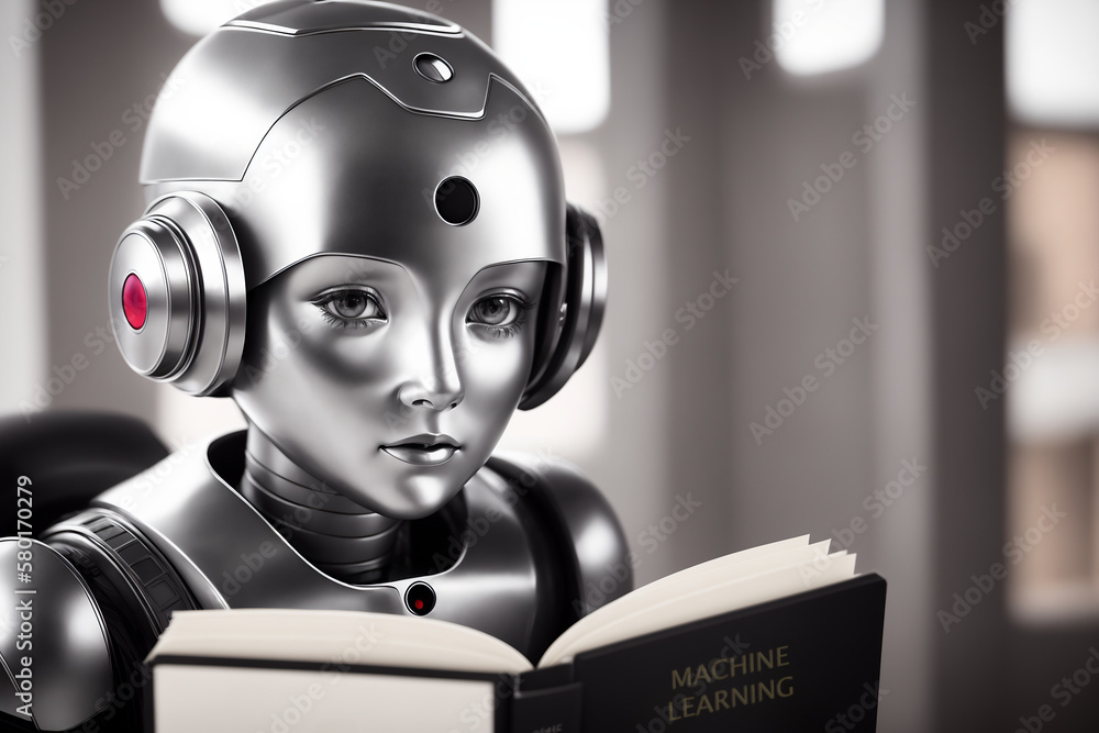 Aufkleber an antropomothic robot android reading a book, concept of machine learning. ai generative