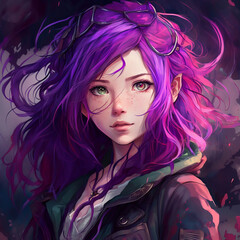 Digital illustration of Purple Haired Anime Girl Beautiful Artwork  in Purple lavendar Hues