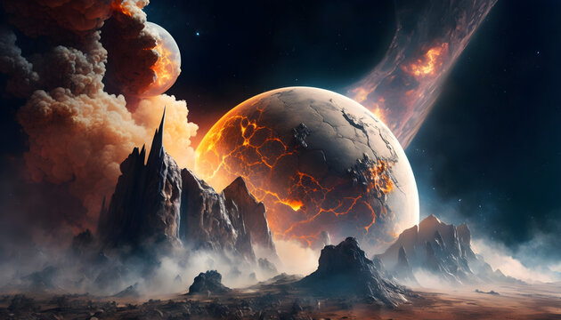 Space catastrophe. Collision of an asteroid with a planet