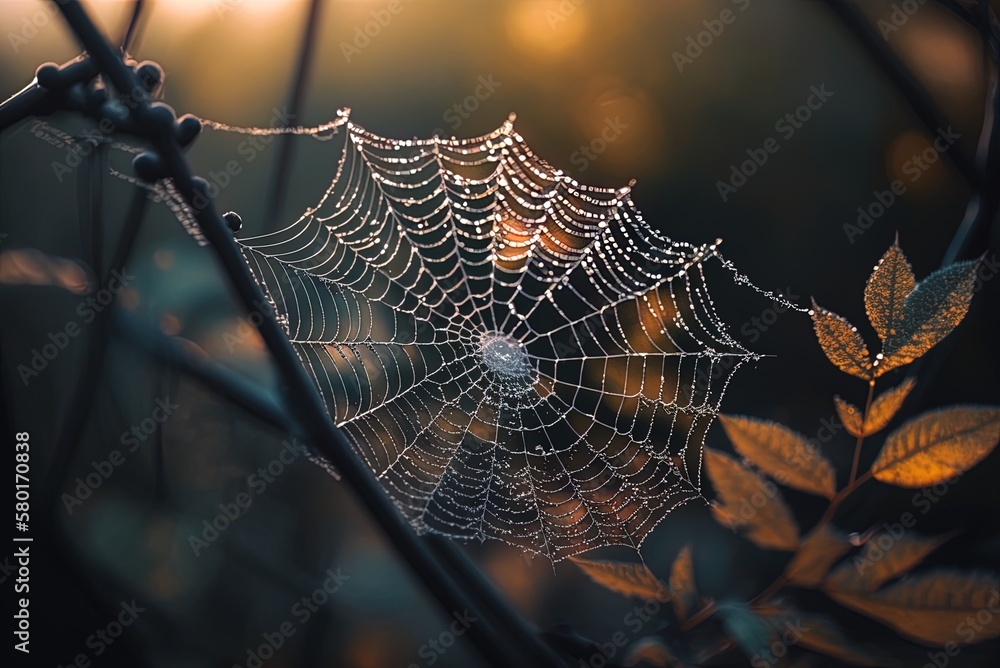 Poster vertical, out-of-focus closeup of a spiderweb on a tree limb. generative ai
