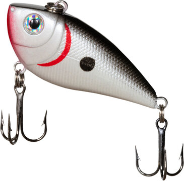 Grey, red and white plastic fishing lure angling toward the surface