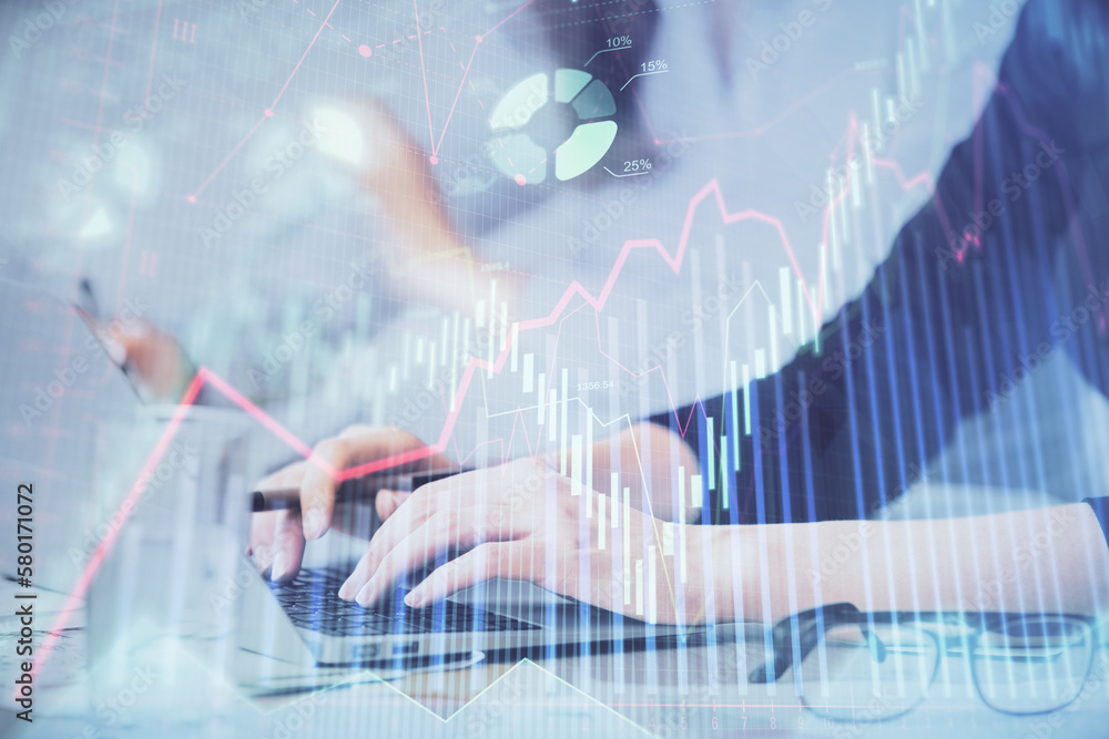 Poster multi exposure of woman hands typing on computer and financial graph hologram drawing. stock market 
